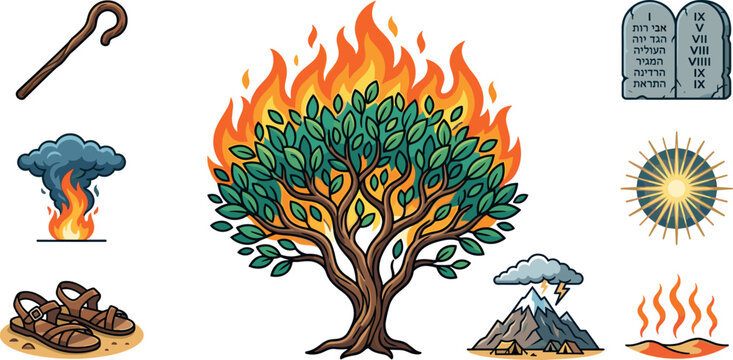Biblical Exodus Story Icon Set Featuring The Burning Bush Ten Commandments Stone Tablets Mount Sinai And Religious Symbols Vector Illustration