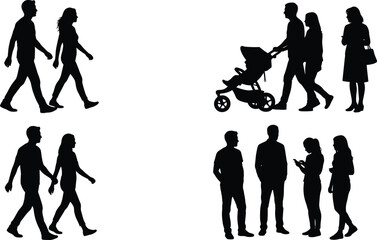 Obraz premium Vector silhouettes of diverse people walking in couples, talking in groups, and pushing a baby stroller stroller on a walk