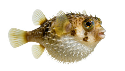 Spiky pufferfish with large eyes and fins, brown and white markings © Antonio