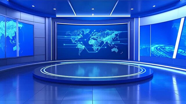 A modern virtual news studio with digital world map displays