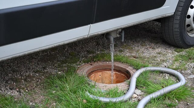Grey water draining from campervan into wastewater disposal point at campsite