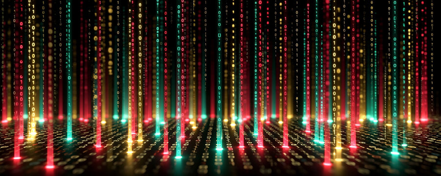 Abstract technology background with a matrix of digital data streams and binary code flowing across the screen, offering ample copy space on a gradient backdrop.