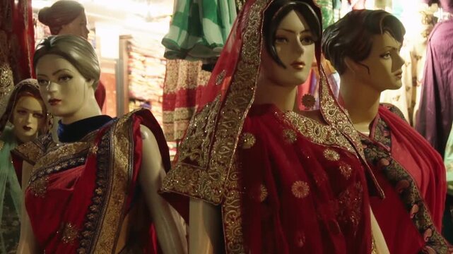 Beautifully embroidered red and gold Indian wedding dresses and sarees displayed on mannequins in a brightly lit clothing store, showcasing traditional ethnic fashion and bridal attire