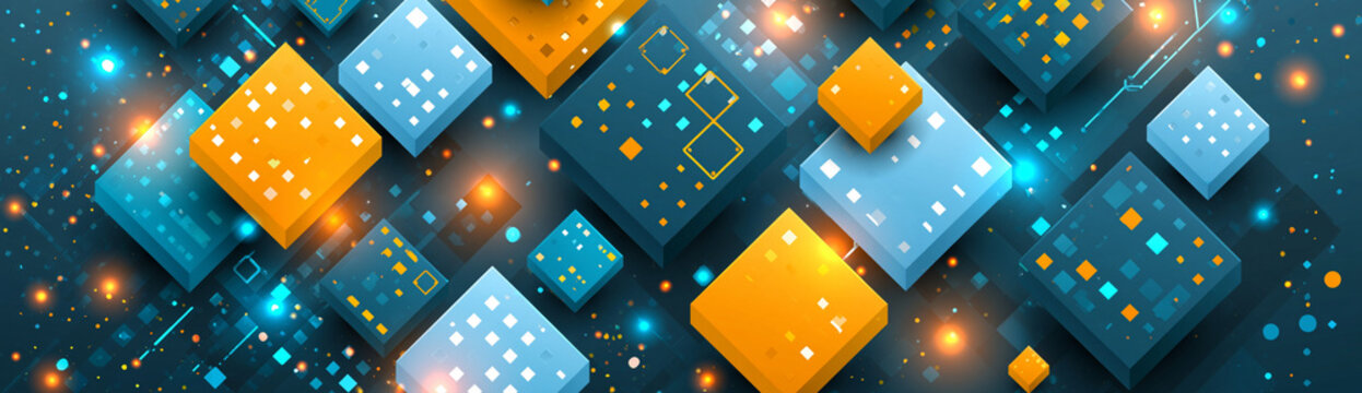 Minimalistic technology-themed background with geometric shapes and dynamic light effects, creating a sense of modernity and progress, with plenty of copy space.