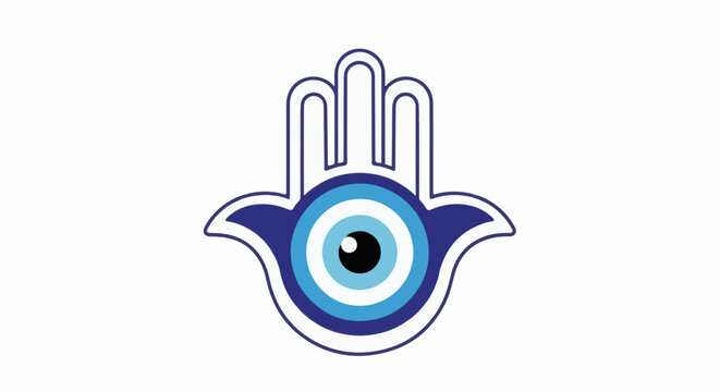 Blue outlined hand shape with an evil eye in the center