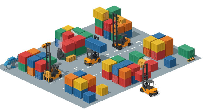 Isometric illustration of a busy shipping container yard with forklifts.