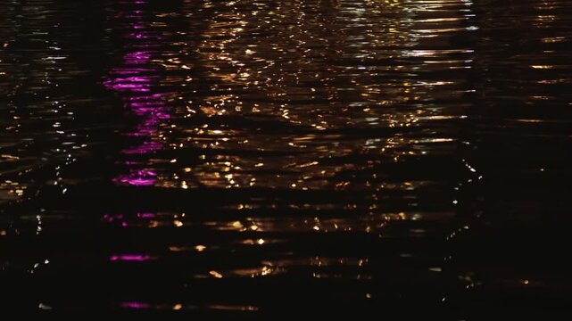 Abstract background of colorful city lights reflecting on the shimmering surface of dark water at night, with purple and golden hues creating a vibrant and mesmerizing display of light and motion