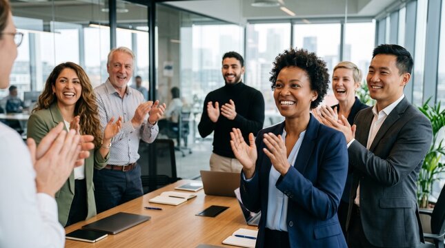 Diverse corporate business team clapping hands celebrating successful project goal achievement in modern conference room sales growth milestone corporate recognition reward and appreciation