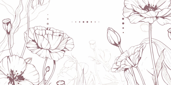Floral ornament with poppy flowers and delicate line work on a white background