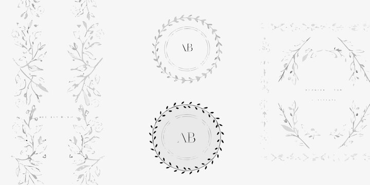 Gray floral ornament collection with leaves and delicate watercolor style