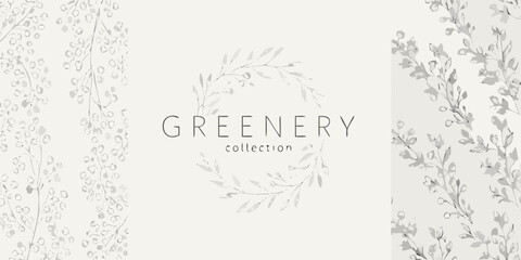 Gray watercolor greenery collection with floral wreath and botanical patterns © Debashis
