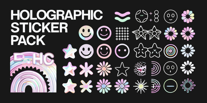 Holographic Sticker Pack Illustration On Black Background