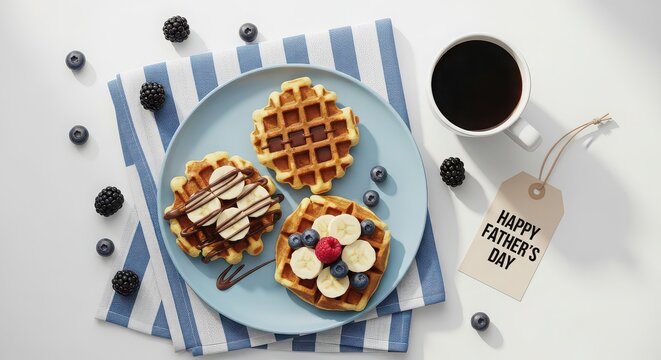 Happy fathers day breakfast with waffles and fresh fruits on a blue plate isolated on white background