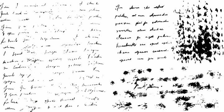 Handwritten notes and ink splatters on white background grunge texture