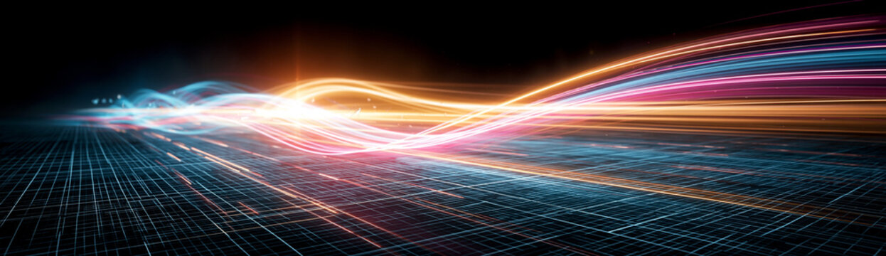 Abstract futuristic background with a 3D grid and light trails, symbolizing digital connectivity and progress, with space for text or branding.