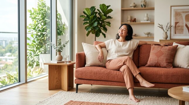 Asian woman relaxing on a sofa in a modern living room. Comfortable home interior with natural light and city view. Climate control and wellness concept