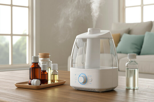 Home medical setup with ultrasonic inhaler device on clean wooden table, essential oils and saline solution nearby, bright hygienic interior, modern wellness healthcare aesthetic