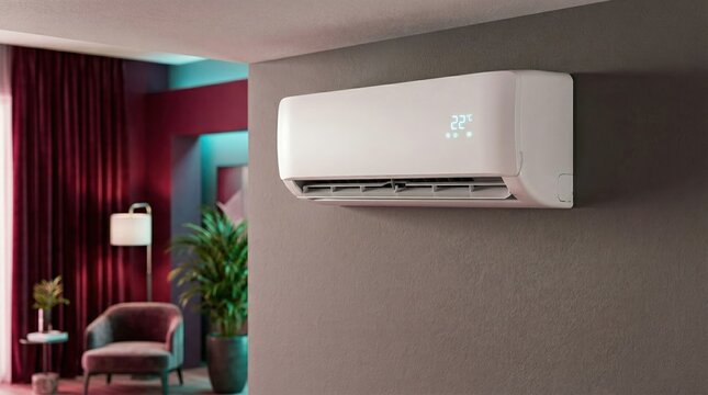 Modern ductless air conditioning unit on wall. White split system AC with digital temperature display. HVAC home climate control technology