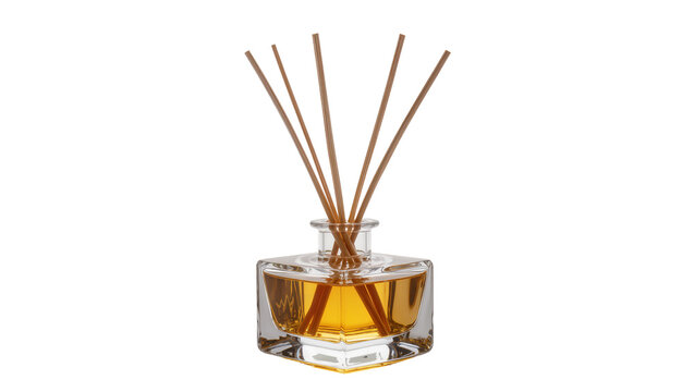 Square glass diffuser bottle with amber liquid and wooden reeds