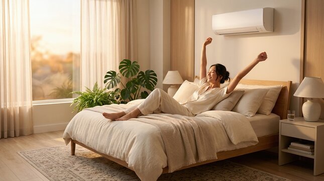 Woman stretching in bed with wall mounted air conditioning unit. Morning routine in bright bedroom with sunset light. Cooling system for home comfort