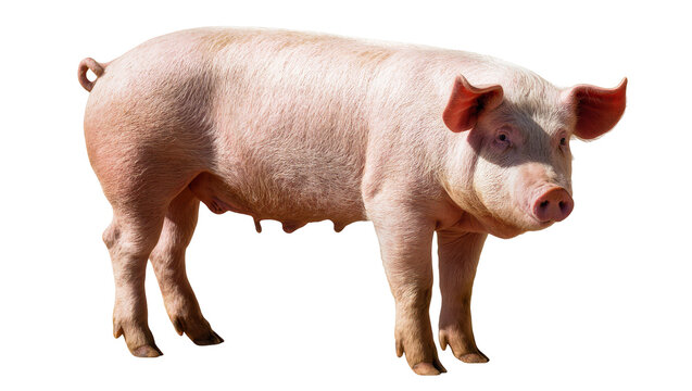 Pink pig with curly tail standing on white