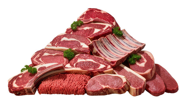 Assorted Raw Beef Cuts and Ground Meat Pile