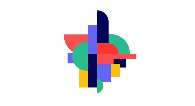 Abstract geometric composition with overlapping colorful shapes on white