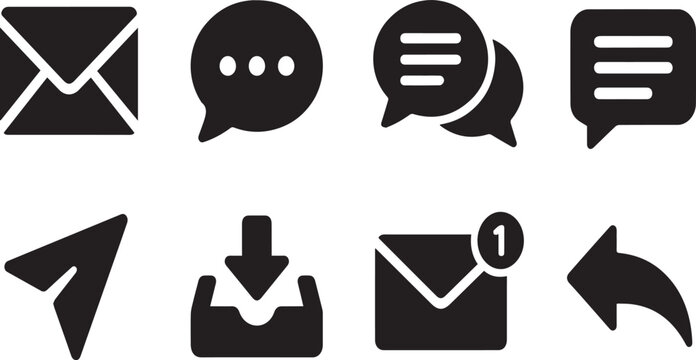 Set of Minimalist Communication and Message Vector Icons Including Email Envelope, Chat Speech Bubbles, Paper Plane Send Icon, Inbox Notification, and Reply Arrow for UI Design and Apps
