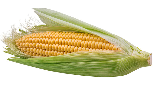 Fresh yellow corn cob with green husks and silk