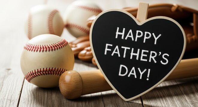 Happy fathers day baseball themed heart shaped chalkboard sign with bat balls and glove on wood