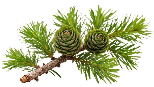 Green pine cones on branch with needles