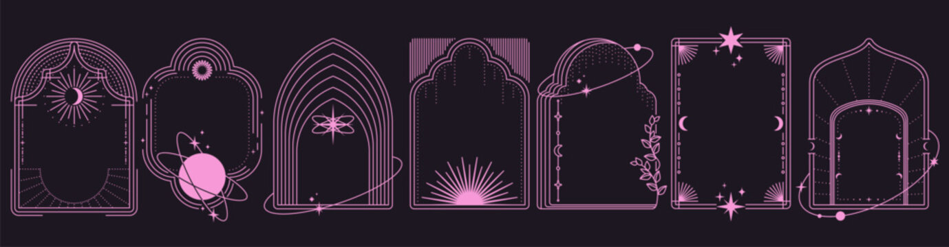 Celestial boho frames with moon crescent, butterfly and mystical arch design, abstract vector set isolated on background. Esoteric art with stars, sun symbols, and magical pattern, vintage borders