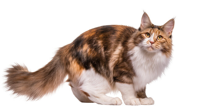 Long-haired calico cat with white chest and paws