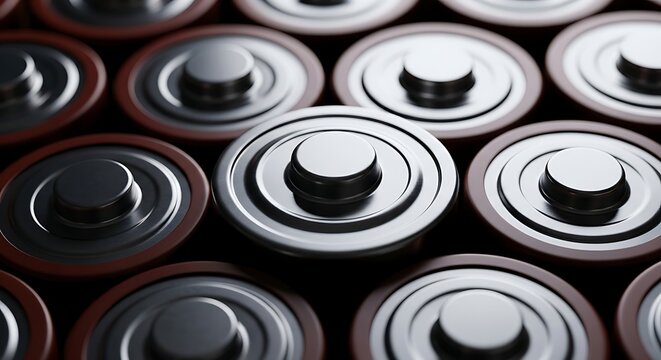 Close-up of a cluster of cylindrical batteries, metallic silver tops with dark red casings battery power