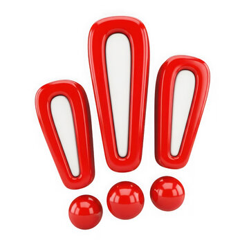 Red exclamation mark symbol with three red balls on transparent background