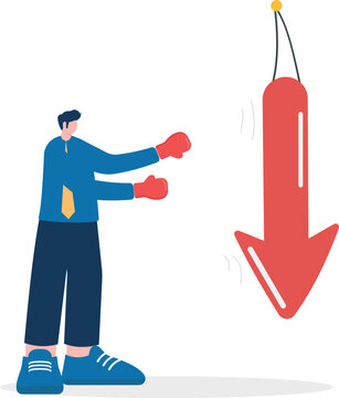 Businessman wearing boxing gloves ready to punch a giant hanging red downward trend arrow icon