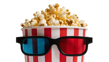 Popcorn bucket with red and white stripes and 3D glasses © Nuria