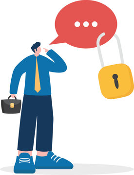 Businessman looking confused standing next to a red speech thought cloud locked securely with a yellow padlock