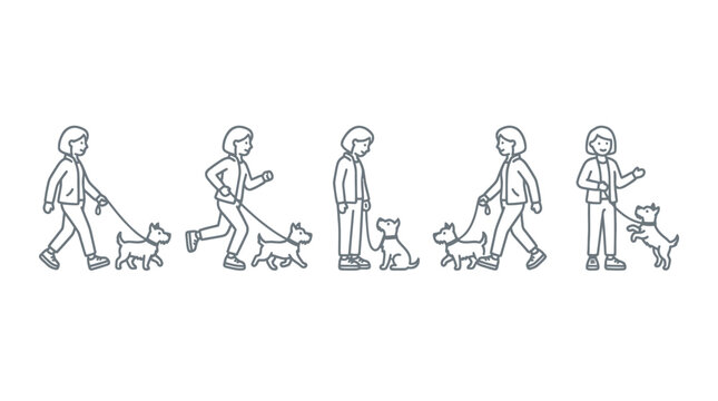 Women walking pet dogs on leashes linear icons.