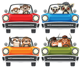 Fototapeta premium Cartoon Animals Driving Colorful Cars Front View Vector Set