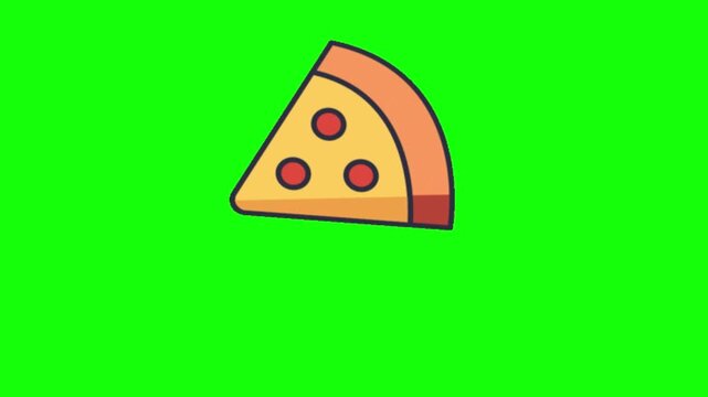 Animated fast food icons including burger, pizza slice and french fries on green background
