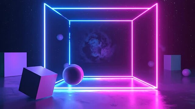 A glowing neon cube frame floats in a dark cosmic space