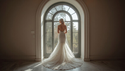 Fototapeta premium There is a woman in a wedding dress standing in front of a window