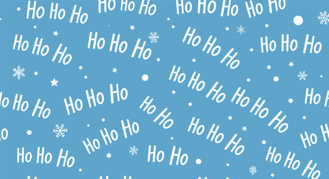 Seamless pattern featuring white ho ho ho text and delicate snowflakes on a blue background for winter holidays.