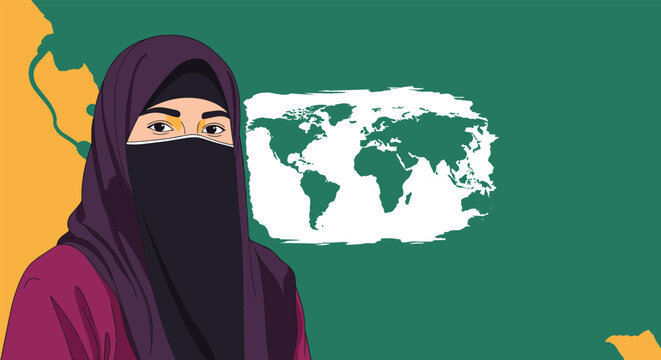 Muslim woman wearing a niqab and hijab standing against a green background with a world map silhouette.