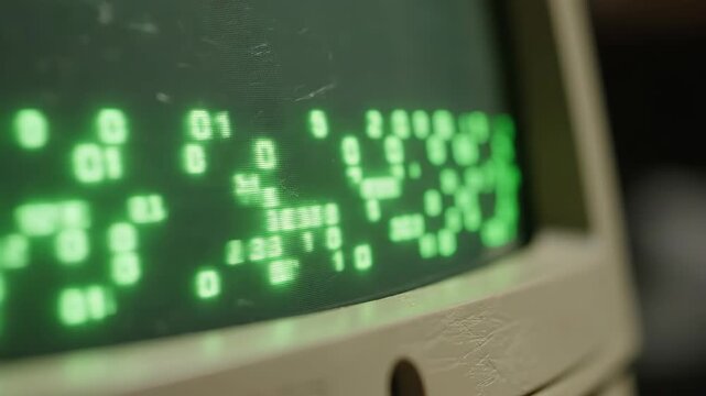 Green digital binary code text displayed on a retro computer monitor screen. Data processing visualization showing changing numeric patterns for vintage technology