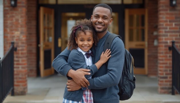 In this photo, a man hugs his daughter in front of school, 1st grade