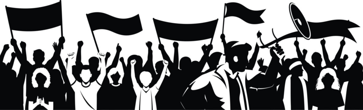 People Cheering at Protest Rally with Raised Hands and Flags Icon Illustration in Black Silhouette Style