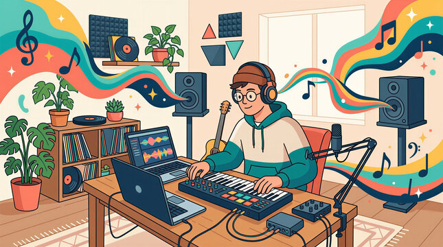 Home Music Producer Creating Digital Audio Content with MIDI Controller and Recording Equipment Illustration