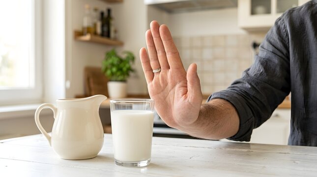 Calm kitchen scene with raised hand signaling stop during morning breakfast with mugs and milk.